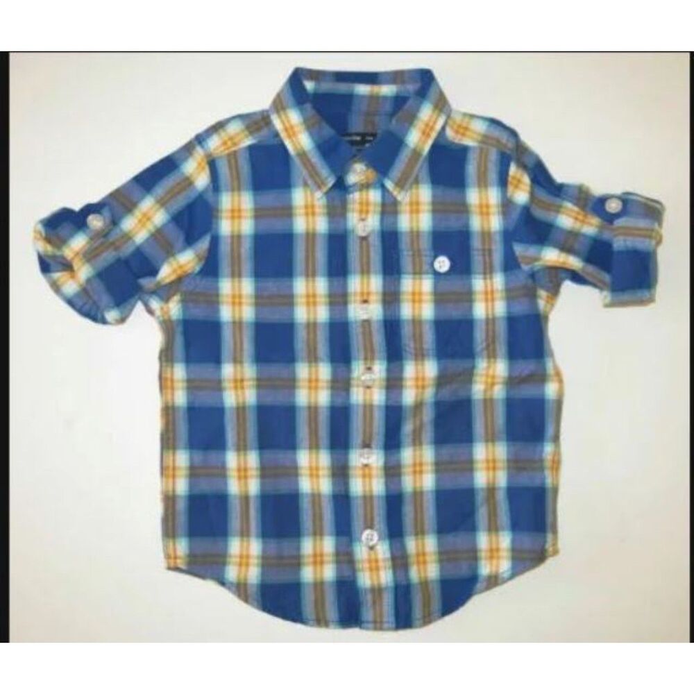 Baby Gap boys shirt 3 blue yellow orange plaid button up roll long sleeve top